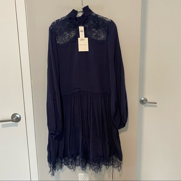 Magali Pascal Dress Anthropologie Navy Blue Clemence Lace Silk Coquette Mini - Picture 9 of 13